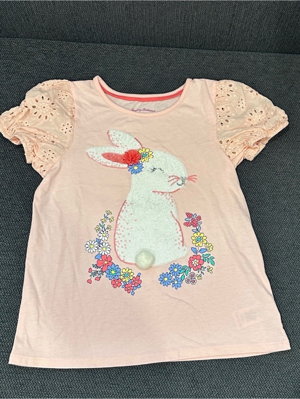 Tommy Bahama Pink Bunny Floral Tee with Eyelet Puff Sleeves